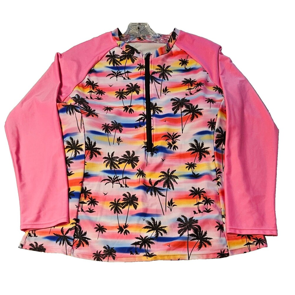 Women’s 2XL Tropical Palm Tree Half Zip Long Sleeve Padded Rashguard Pink Sunset - Picture 3 of 9